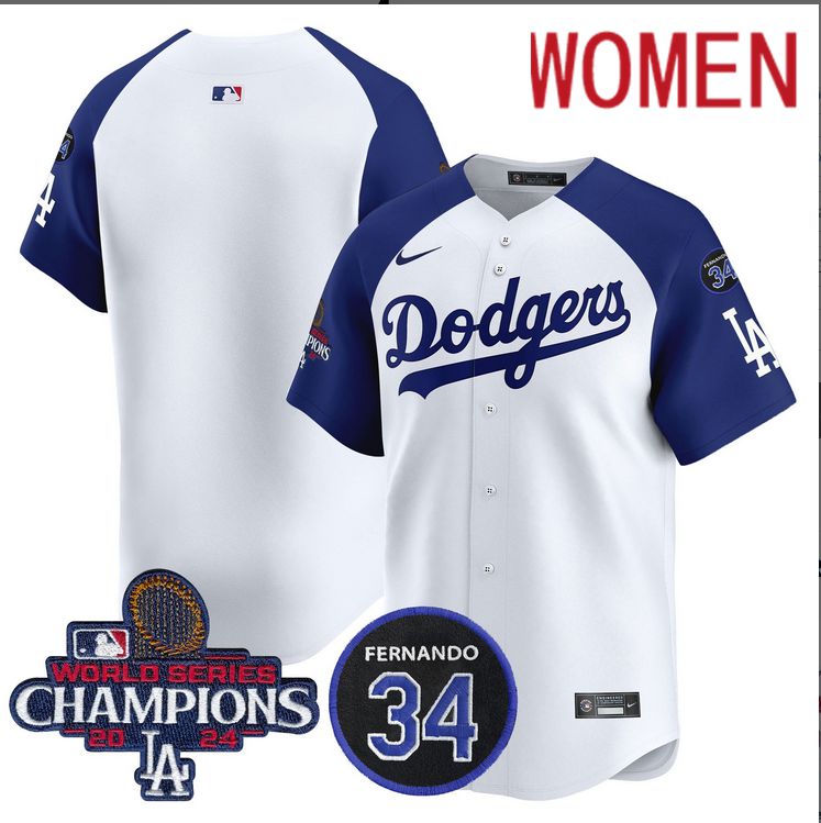 Women MLB Los Angeles Dodgers blank white 2024 World Series Champions Patch Limited Jersey style 2